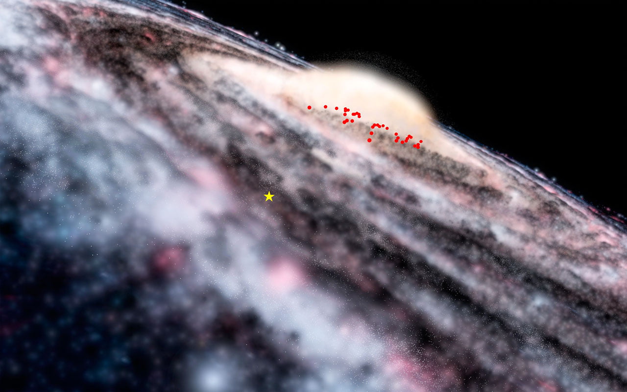 Astronomers using the VISTA telescope at ESO’s Paranal Observatory have discovered a previously unknown component of the Milky Way. By mapping out the locations of a class of stars that vary in brightness called Cepheids, a disc of young stars buried behind thick dust clouds in the central bulge has been found. This diagram shows the locations of the newly discovered Cepheids in an artist’s rendering of the Milky Way. The yellow star indicates the position of the Sun.