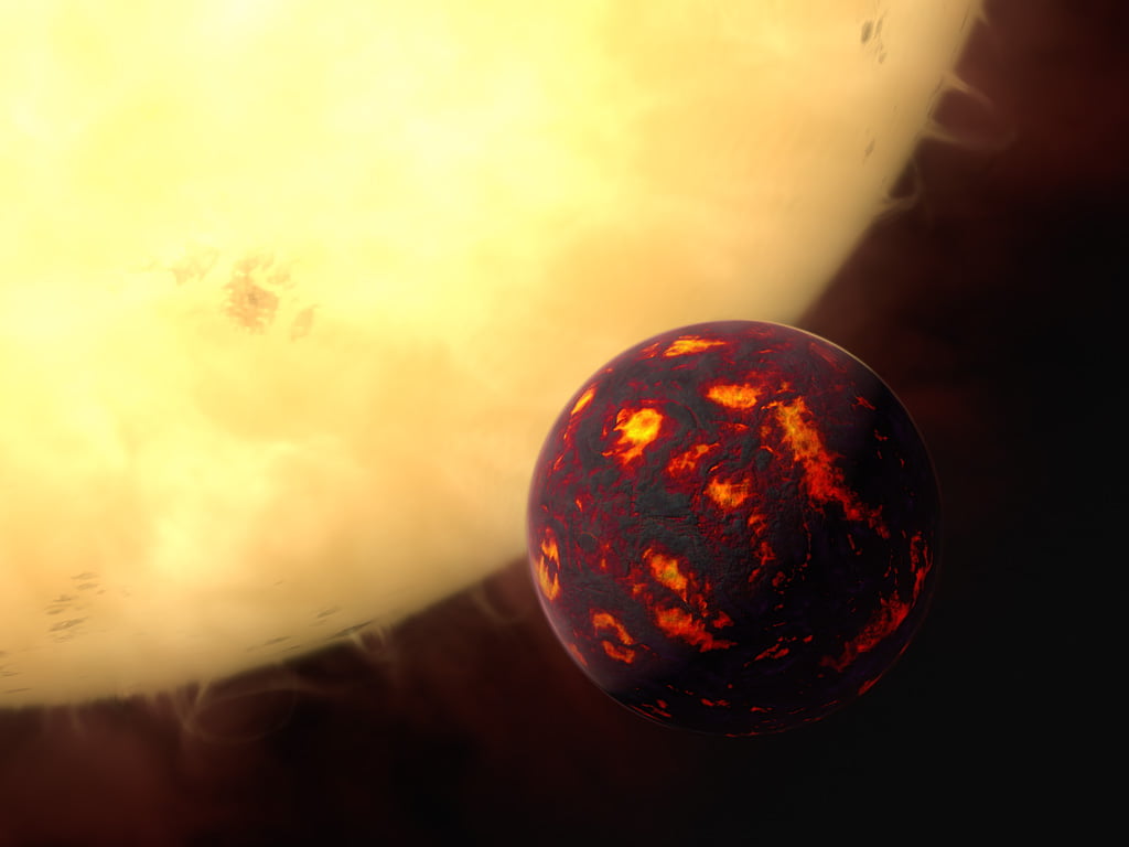 This artist’s impression shows the super-Earth 55 Cancri e in front of its parent star. Using observations made with the NASA/ESA Hubble Space Telescope and new analytic software scientists were able to analyse the composition of its atmosphere. It was the first time this was possible for a super-Earth. 55 Cancri e is about 40 light-years away and orbits a star slightly smaller, cooler and less bright than our Sun. As the planet is so close to its parent star, one year lasts only 18 hours and temperatures on the surface are thought to reach around 2000 degrees Celsius.