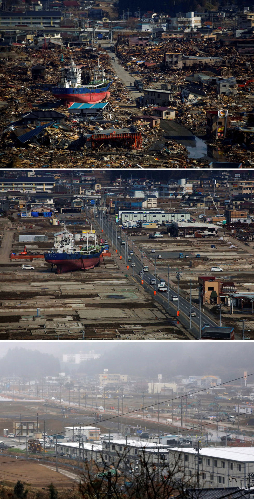 In this combination photo, a ship washed away by the tsunami sits in a destroyed residential neighborhood in Kesennuma, northeastern Japan, on March 28, 2011, top, the same ship sits on the same spot on Thursday, Feb. 23, 2012, center, and the ship, that was dismantled in 2013, is no longer there on Sunday, March 6, 2016. Five years after the disaster, construction work is clearly underway but far from done. Rebuilt roads stretch to the horizon between still largely vacant expanses. It is a massive undertaking to raise the ground level of entire neighborhoods, to better protect them from inundation, before rebuilding from scratch. (AP Photo/David Guttenfelder and Eugene Hoshiko)