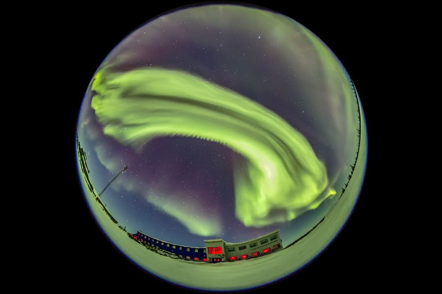 The great all-sky aurora display of March 6, 2016 over the Churchilll Northern Studies Centre, Churchill, Manitoba, in a view looking north. Here, bands of green curtains take on a fine rippling pattern. This is one frame from a time-lapse sequence shot with the Sigma 8mm fish-eye lens and Canon 6D, intended for projection in digital planetarium theatres.