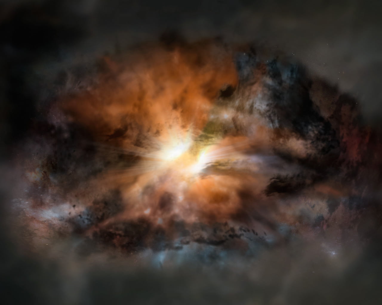 Artist impression of W2246-0526, a single galaxy glowing in infrared light as intensely as 350 trillion suns. It is so violently turbulent that it may eventually jettison its entire supply of star-forming gas, according to new observations with ALMA.