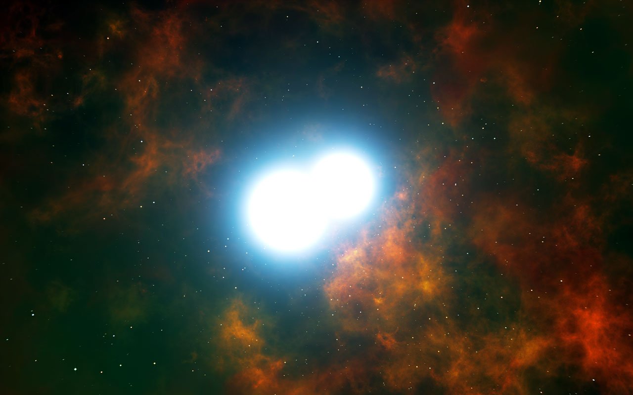This artist’s impression shows the central part of the planetary nebula Henize 2-428. The core of this unique object consists of two white dwarf stars, each with a mass a little less than that of the Sun. They are expected to slowly draw closer to each other and merge in around 700 million years. This event will create a dazzling supernova of Type Ia and destroy both stars.