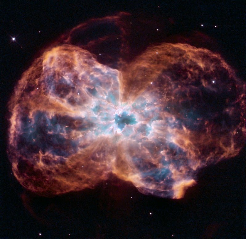 This NASA Hubble Space Telescope image shows the colorful "last hurrah" of a star like our Sun. The star is ending its life by casting off its outer layers of gas, which formed a cocoon around the star's remaining core. Ultraviolet light from the dying star then makes the material glow. The burned-out star, called a white dwarf, appears as a white dot in the center. Our Milky Way Galaxy is littered with these stellar relics, called planetary nebulae. Hubble's Wide Field Planetary Camera 2 captured this image of planetary nebula NGC 2440 on Feb. 6, 2007.