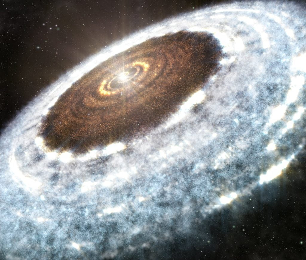 This artist’s impression of the water snowline around the young star V883 Orionis, as detected with ALMA.